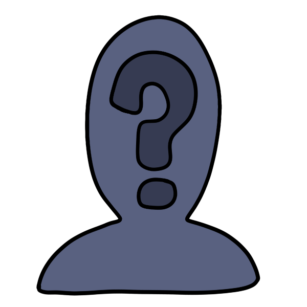 A dark blue simplified head and shoulders shape with an even darker blue question mark on the head portion.